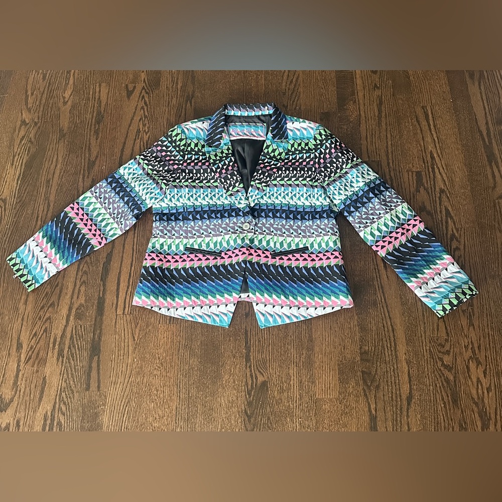 Robert Graham Geometric Patterned Jacket Blazer with Teal, Pink, Green Accents